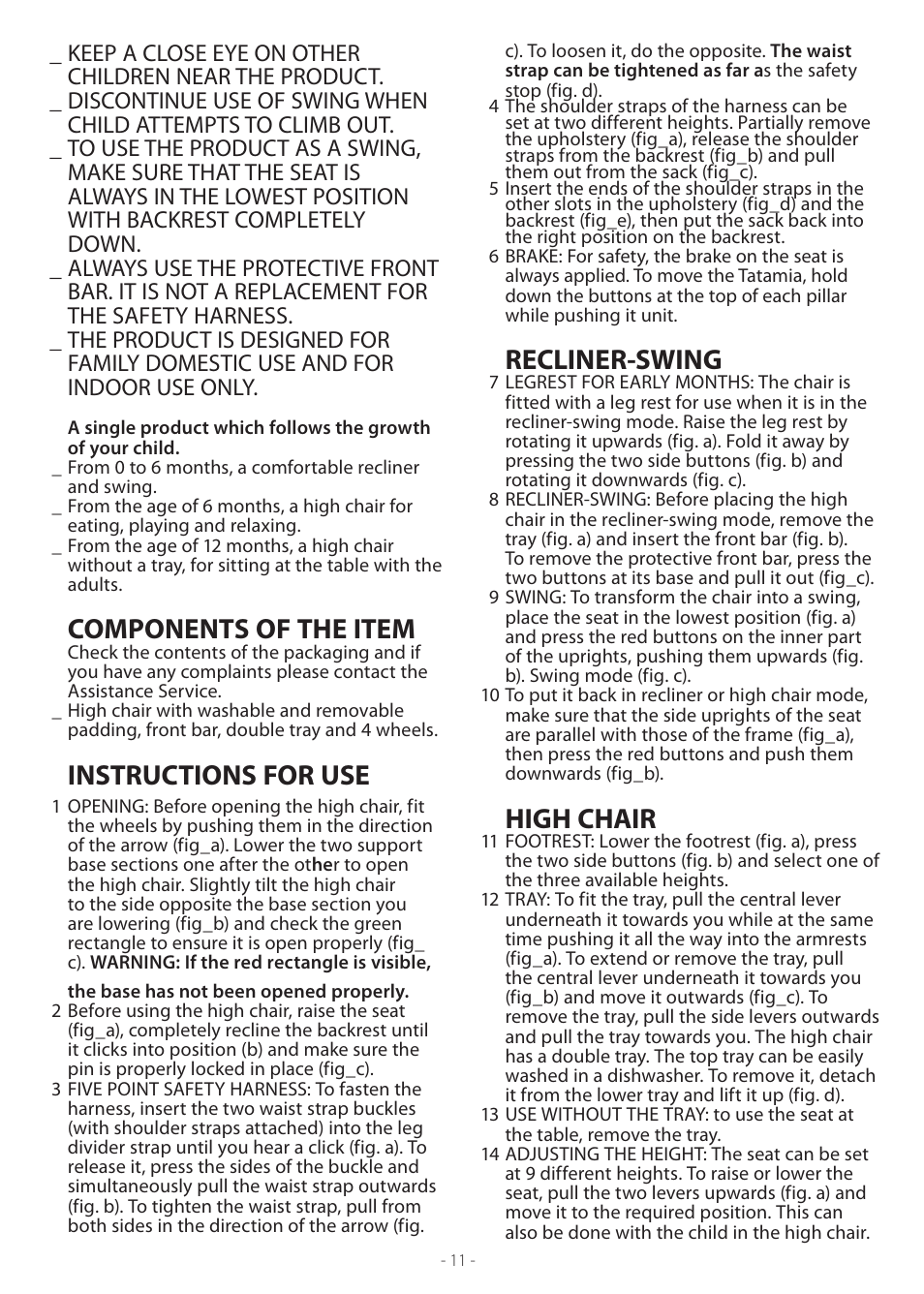 Components of the item, Instructions for use, Recliner-swing | High chair | Peg-Perego Tatamia User Manual | Page 11 / 20