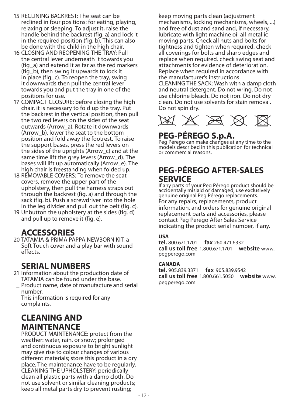 Accessories, Serial numbers, Cleaning and maintenance | Peg-pérego s.p.a, Peg-pérego after-sales service | Peg-Perego Tatamia User Manual | Page 12 / 20