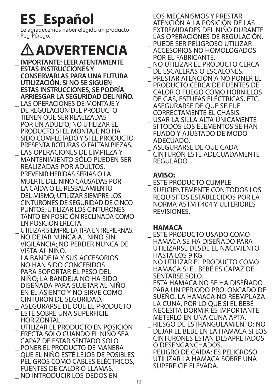 Es_español, Advertencia | Peg-Perego Tatamia User Manual | Page 13 / 20
