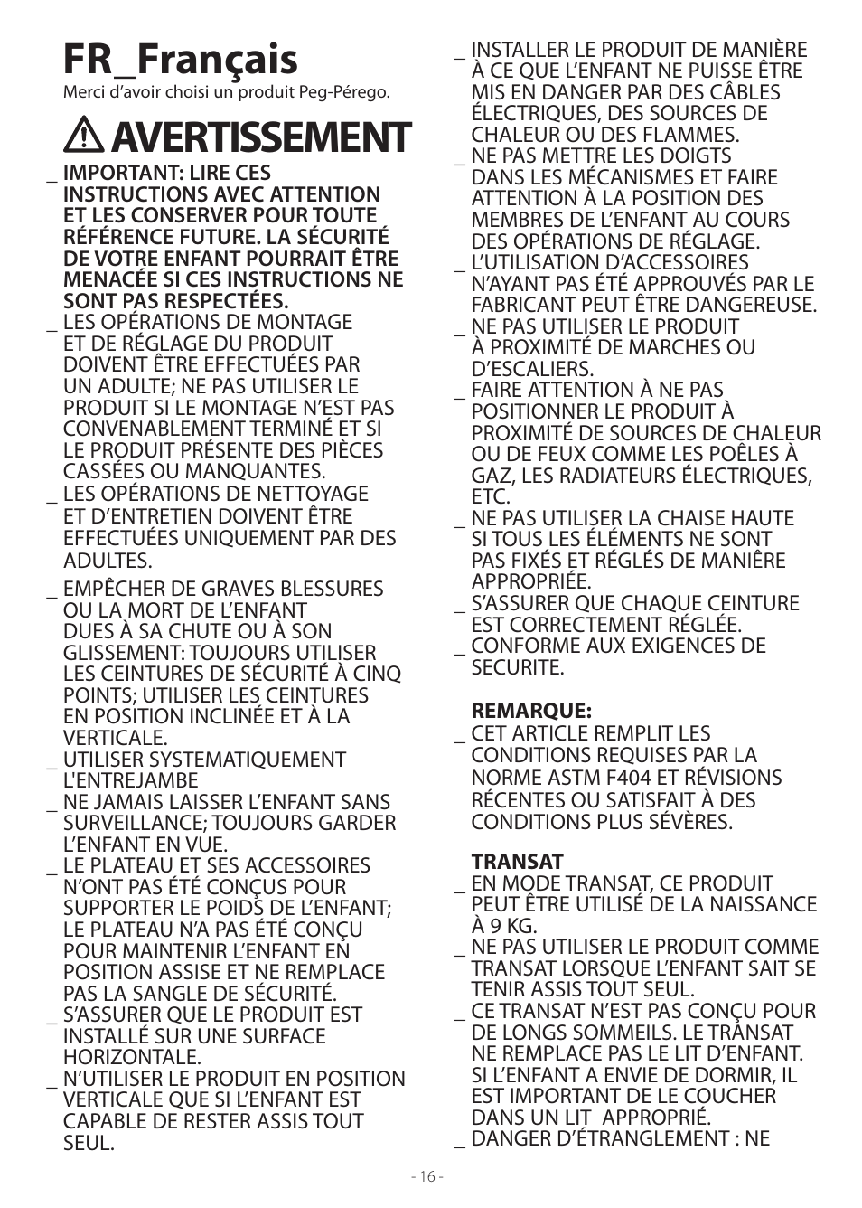 Fr_français, Avertissement | Peg-Perego Tatamia User Manual | Page 16 / 20