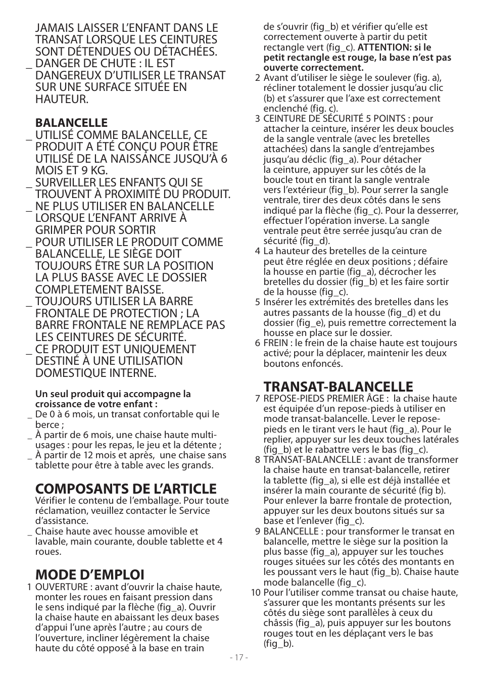 Composants de l’article, Mode d’emploi, Transat-balancelle | Peg-Perego Tatamia User Manual | Page 17 / 20