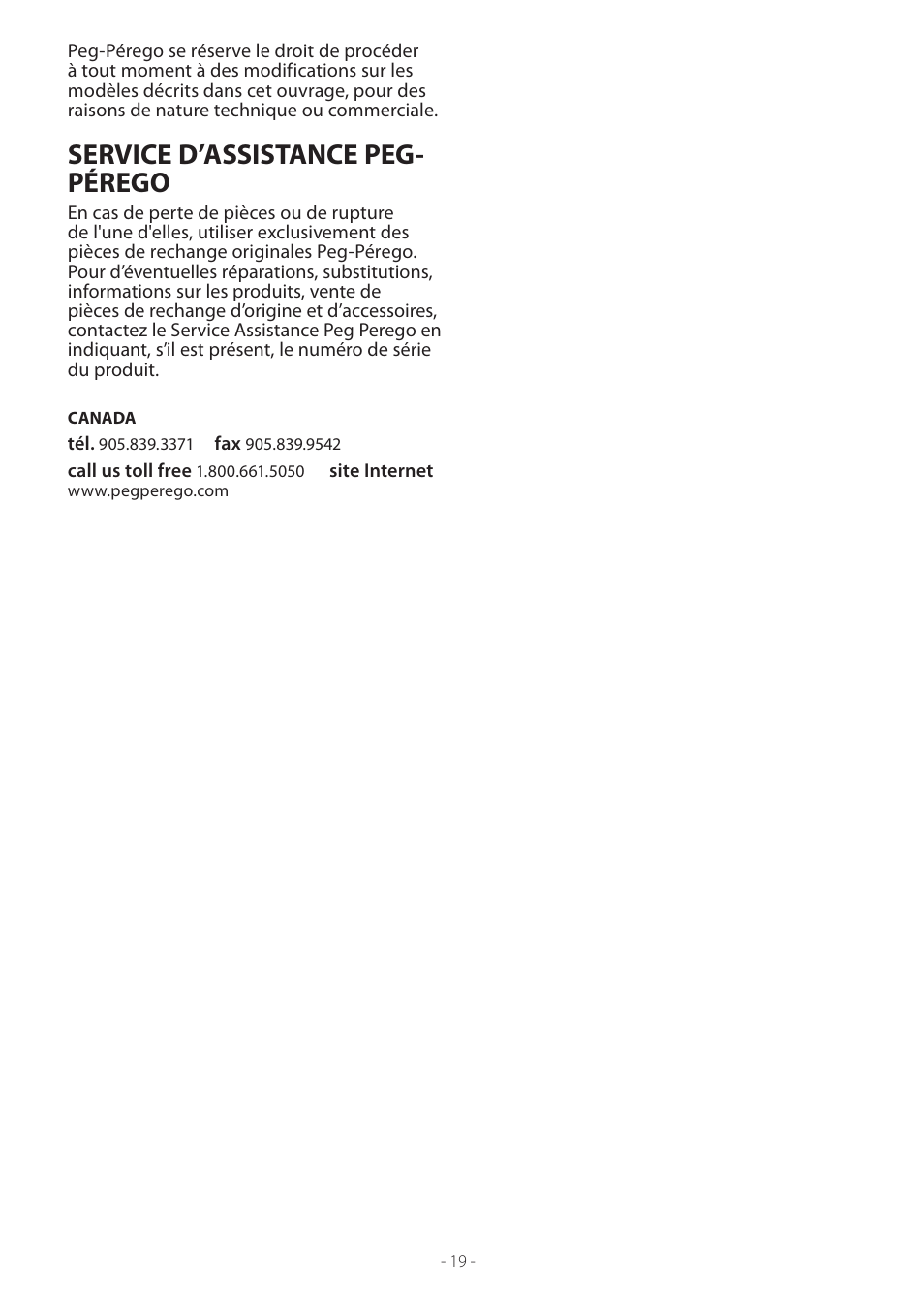 Service d’assistance peg- pérego | Peg-Perego Tatamia User Manual | Page 19 / 20