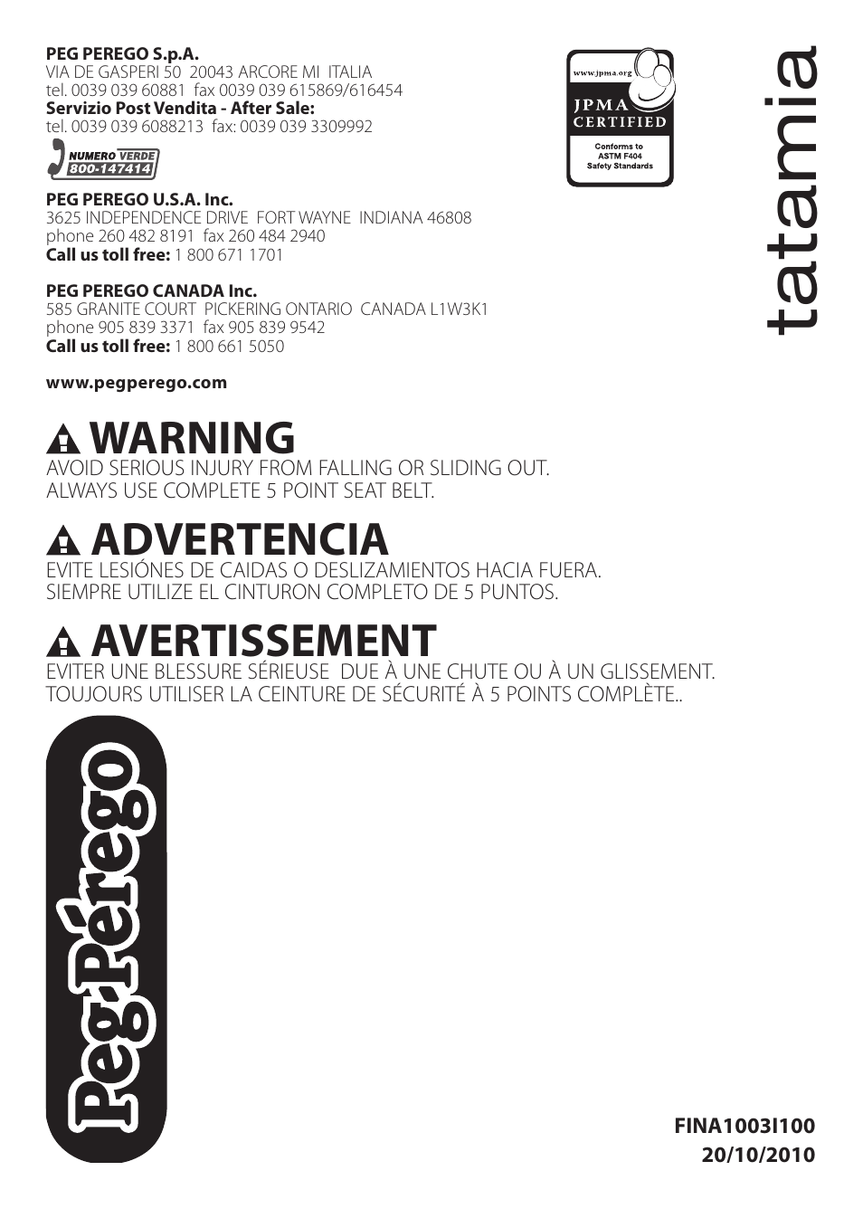 Ta m ia, Warning, Advertencia | Avertissement | Peg-Perego Tatamia User Manual | Page 20 / 20