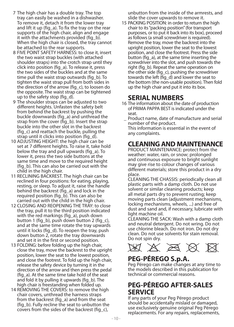 Serial numbers, Cleaning and maintenance, Peg-pérego s.p.a | Peg-pérego after-sales service | Peg-Perego Prima Pappa Best User Manual | Page 10 / 20