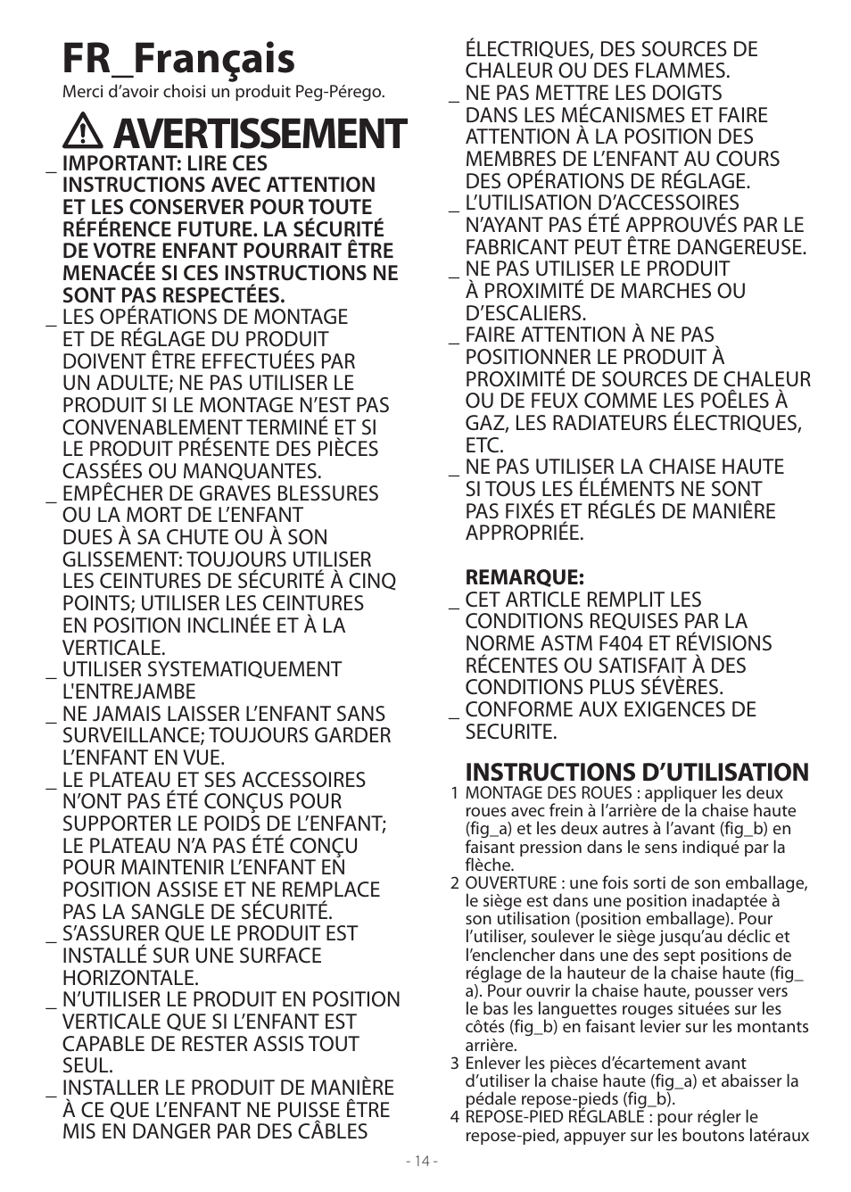 Fr_français, Avertissement, Instructions d’utilisation | Peg-Perego Prima Pappa Best User Manual | Page 14 / 20