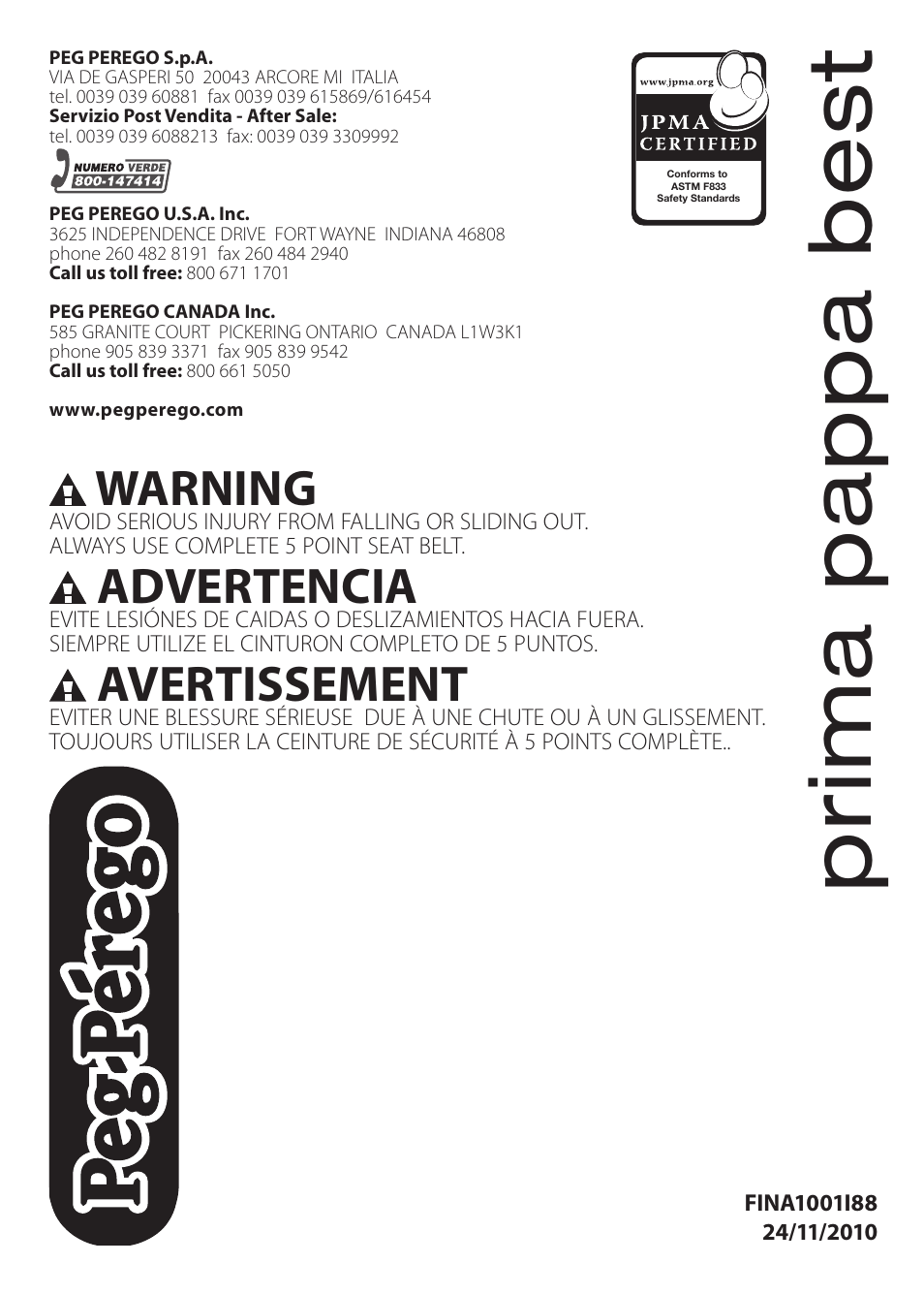 Warning, Advertencia, Avertissement | Peg-Perego Prima Pappa Best User Manual | Page 20 / 20