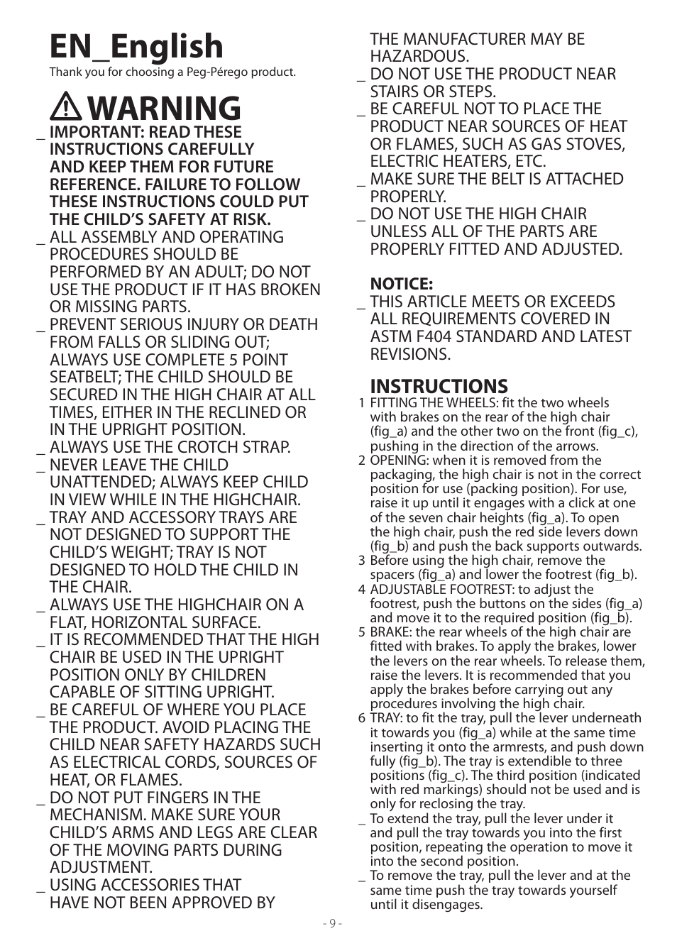En_english, Warning, Instructions | Peg-Perego Prima Pappa Best User Manual | Page 9 / 20
