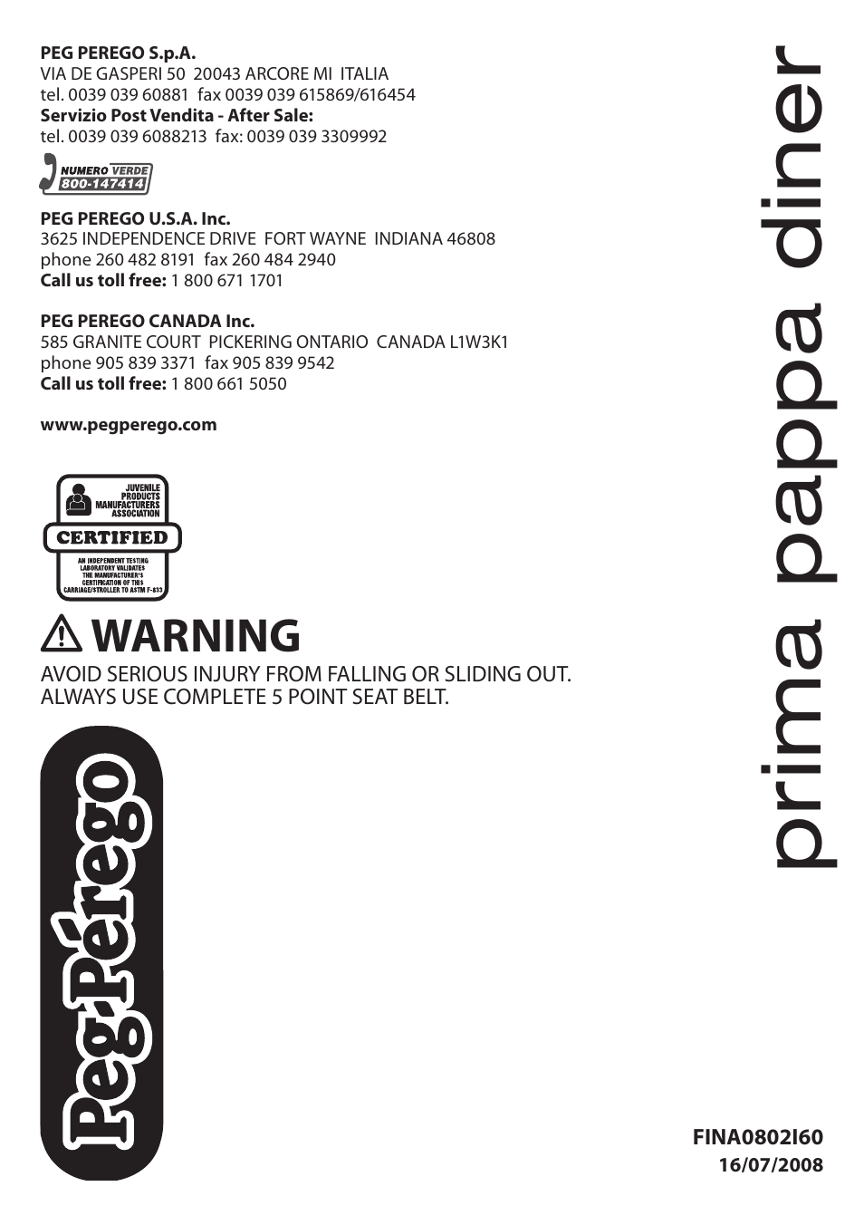 Prima pappa diner, Warning | Peg-Perego Prima Pappa Diner User Manual | Page 20 / 20