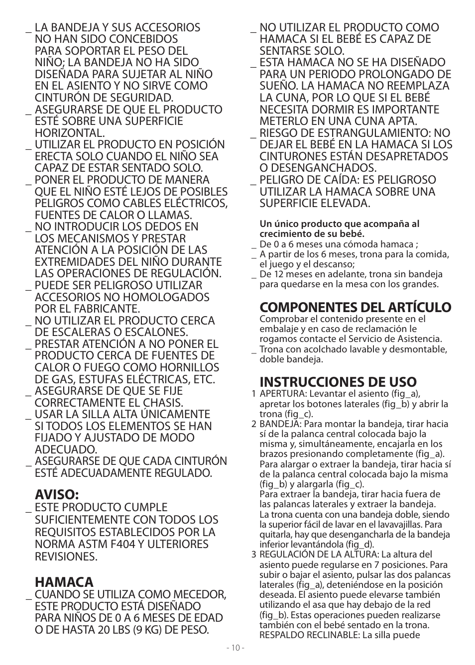 Componentes del artículo, Instrucciones de uso, Aviso | Hamaca | Peg-Perego Prima Pappa Zero 3 User Manual | Page 10 / 16