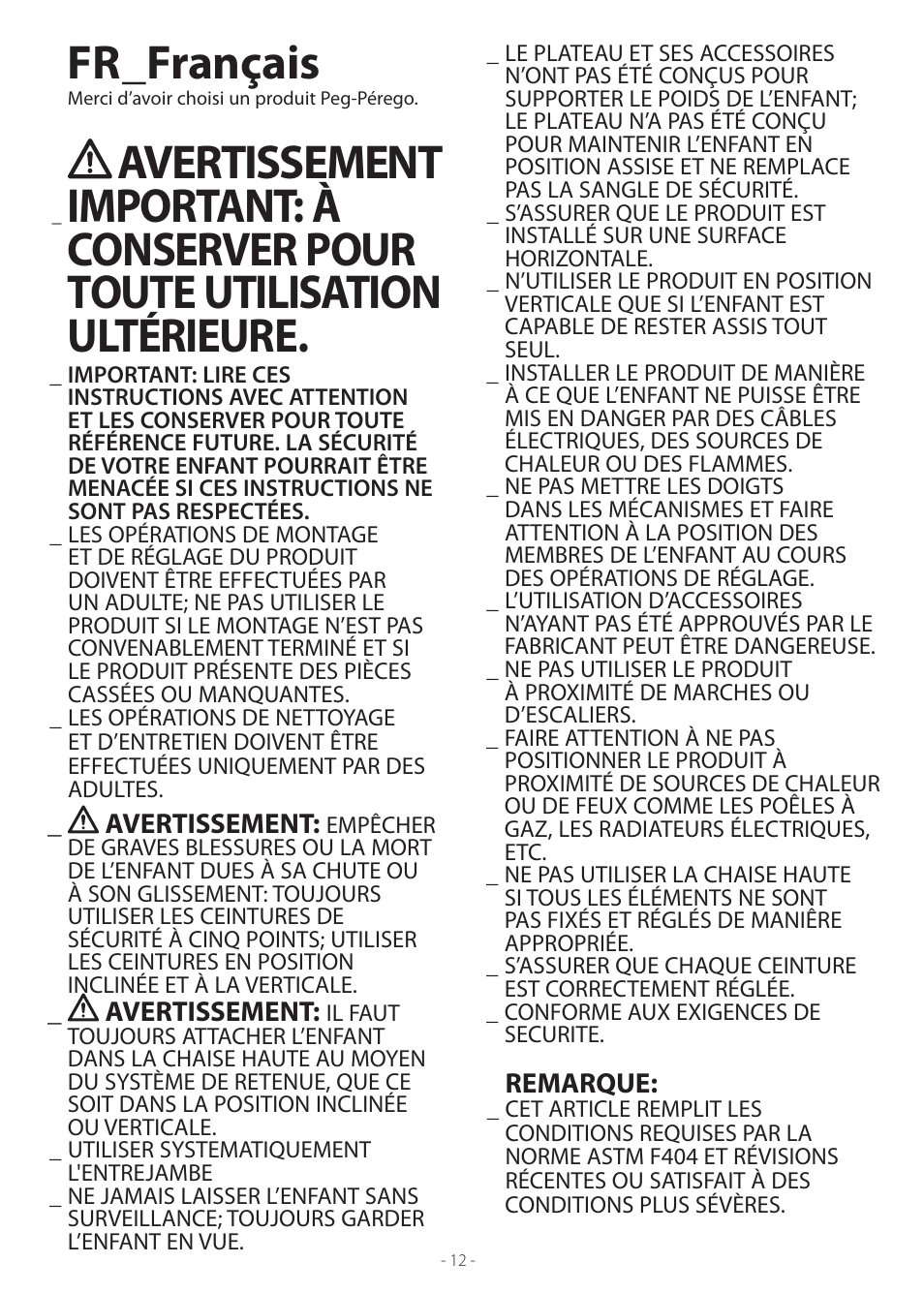 Fr_français, Avertissement, Remarque | Peg-Perego Prima Pappa Zero 3 User Manual | Page 12 / 16