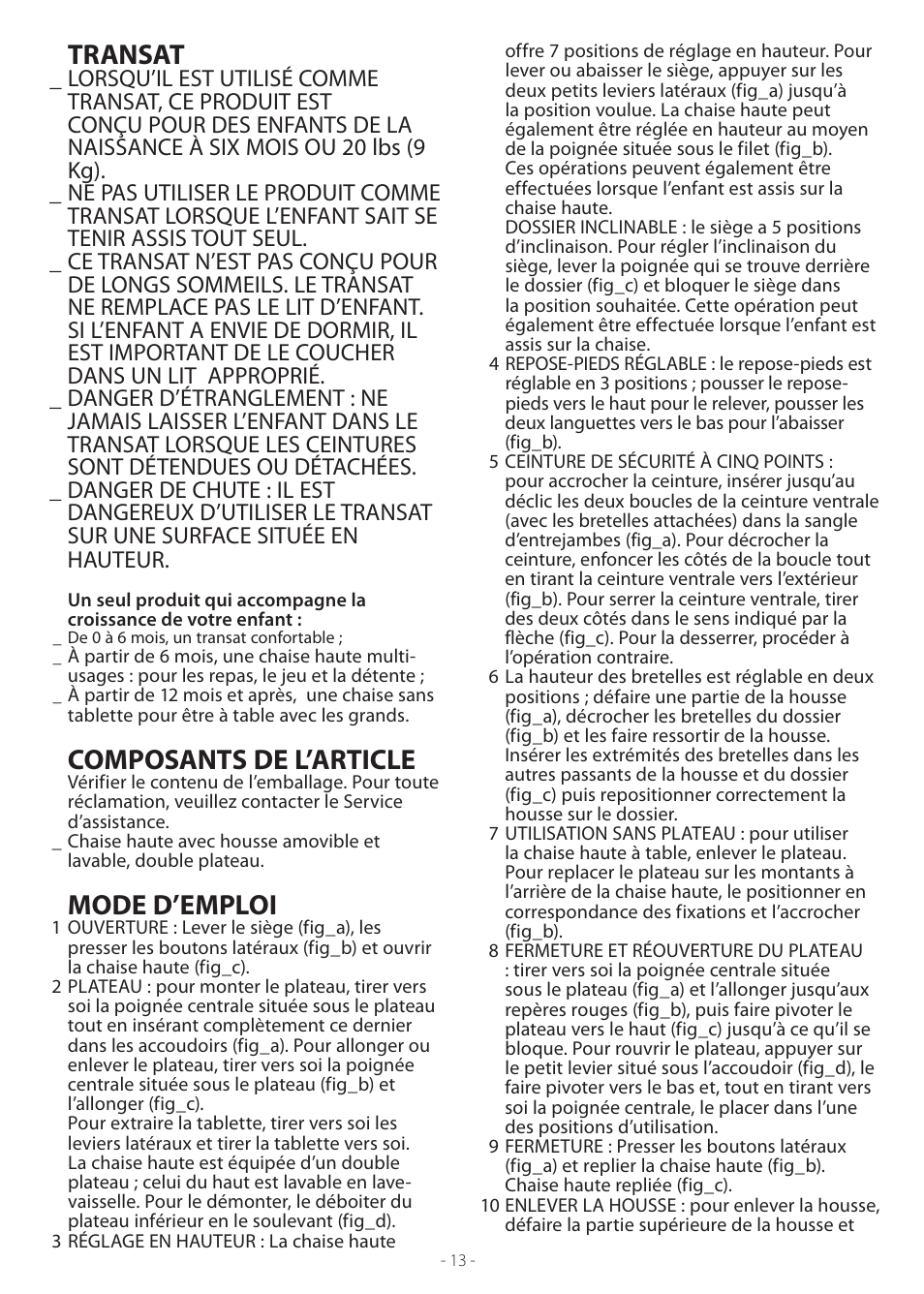 Transat, Composants de l’article, Mode d’emploi | Peg-Perego Prima Pappa Zero 3 User Manual | Page 13 / 16