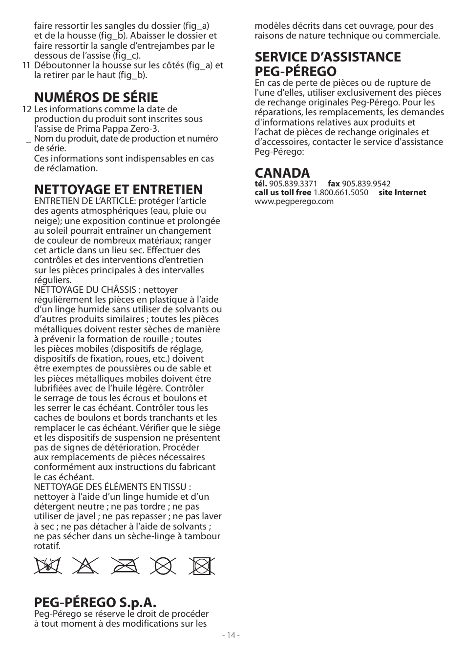 Numéros de série, Nettoyage et entretien, Peg-pérego s.p.a | Service d’assistance peg-pérego, Canada | Peg-Perego Prima Pappa Zero 3 User Manual | Page 14 / 16