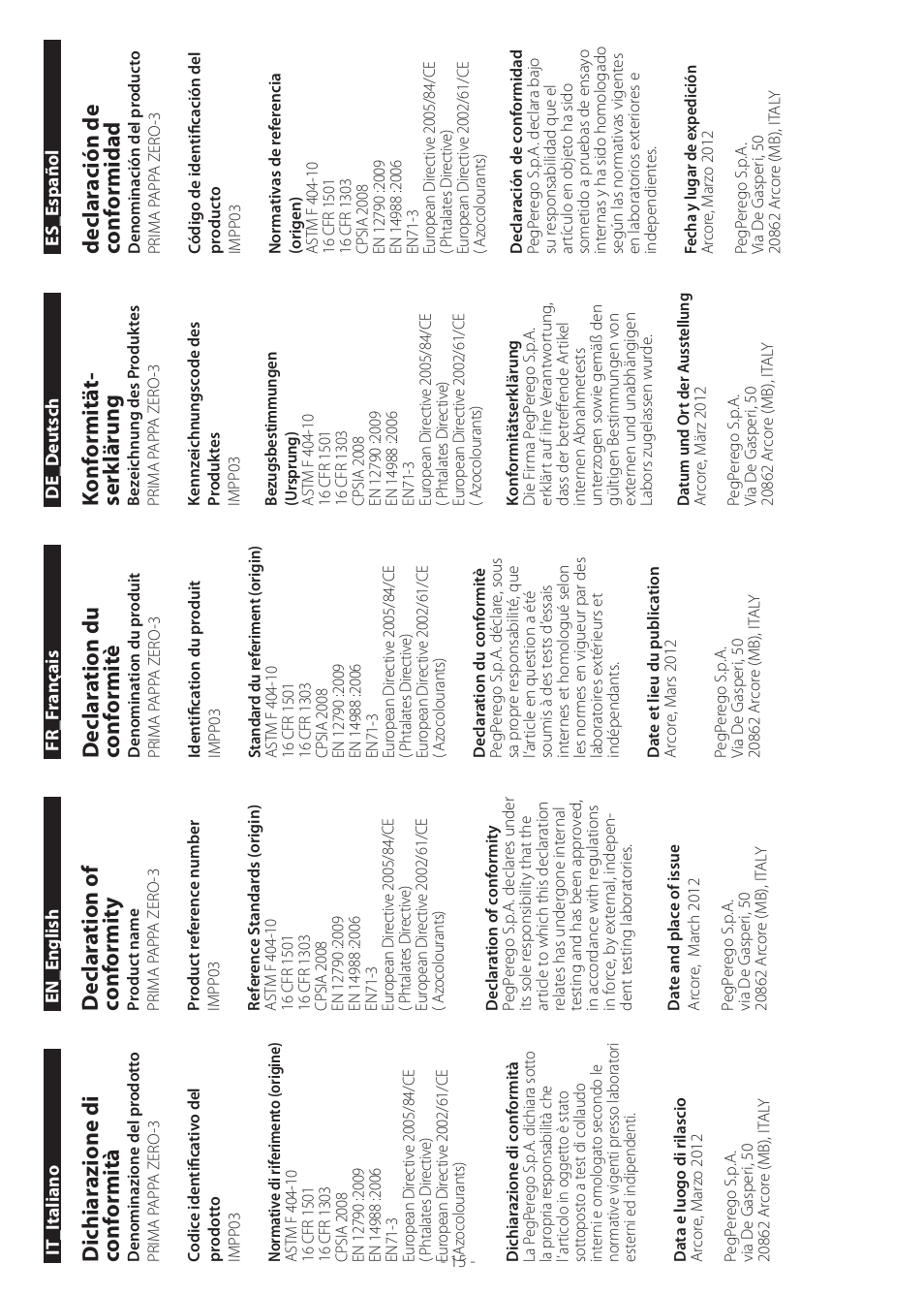 Dichiar azione di conf ormità, Declar ation of conf ormit y, Declar ation du conf ormit è | Konf ormitä t- ser klär ung, Declar ación de conf ormidad | Peg-Perego Prima Pappa Zero 3 User Manual | Page 15 / 16