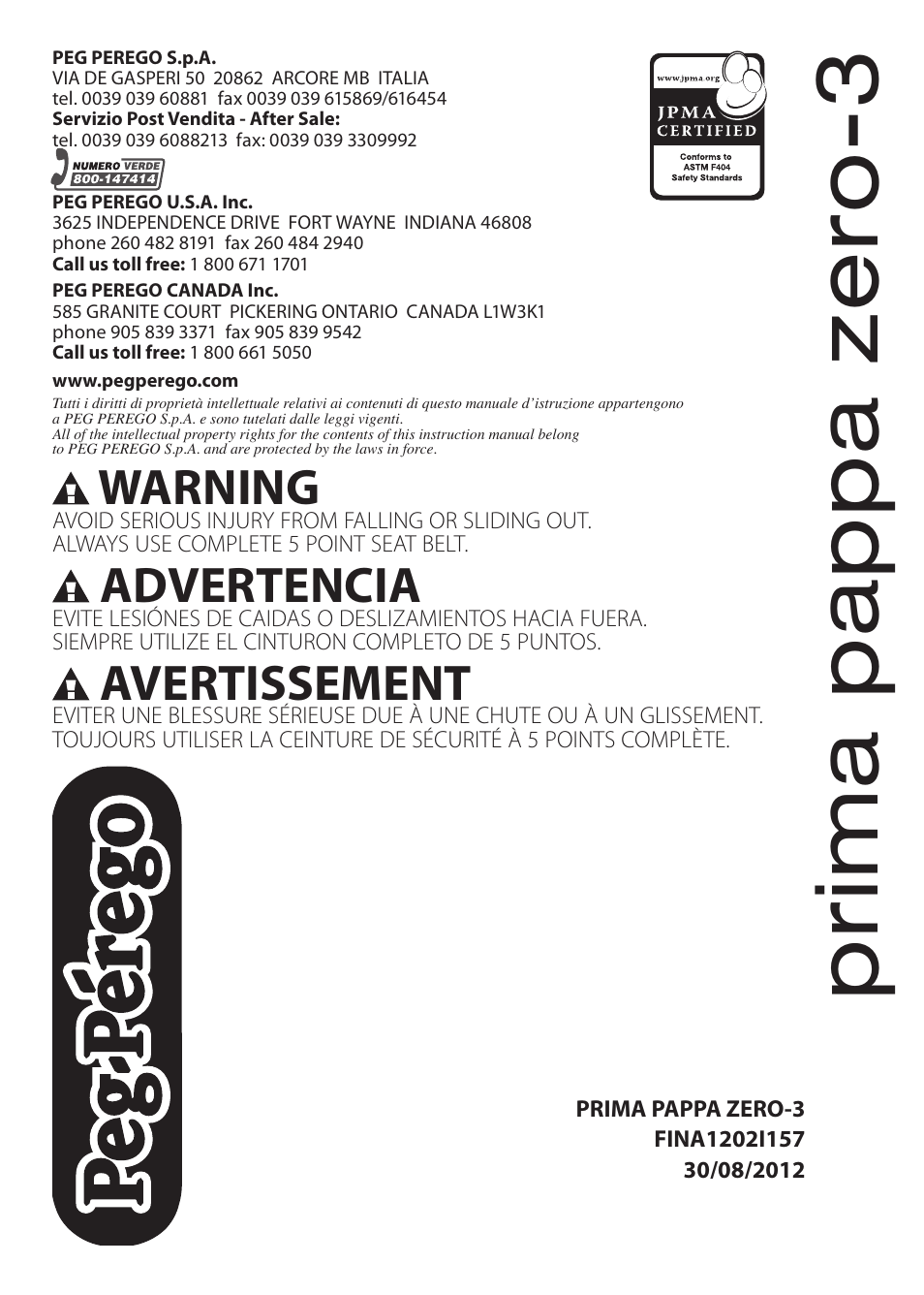 Warning, Advertencia, Avertissement | Peg-Perego Prima Pappa Zero 3 User Manual | Page 16 / 16