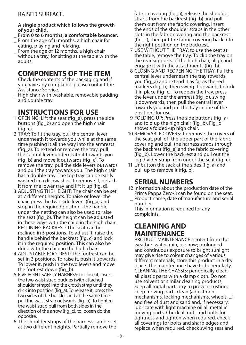 Components of the item, Instructions for use, Serial numbers | Cleaning and maintenance, Raised surface | Peg-Perego Prima Pappa Zero 3 User Manual | Page 8 / 16