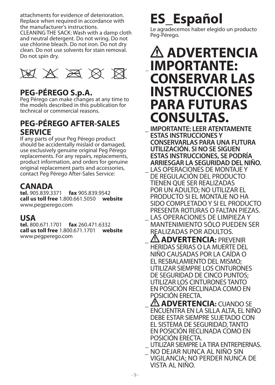 Es_español, Advertencia, Peg-pérego s.p.a | Peg-pérego after-sales service, Canada | Peg-Perego Prima Pappa Zero 3 User Manual | Page 9 / 16