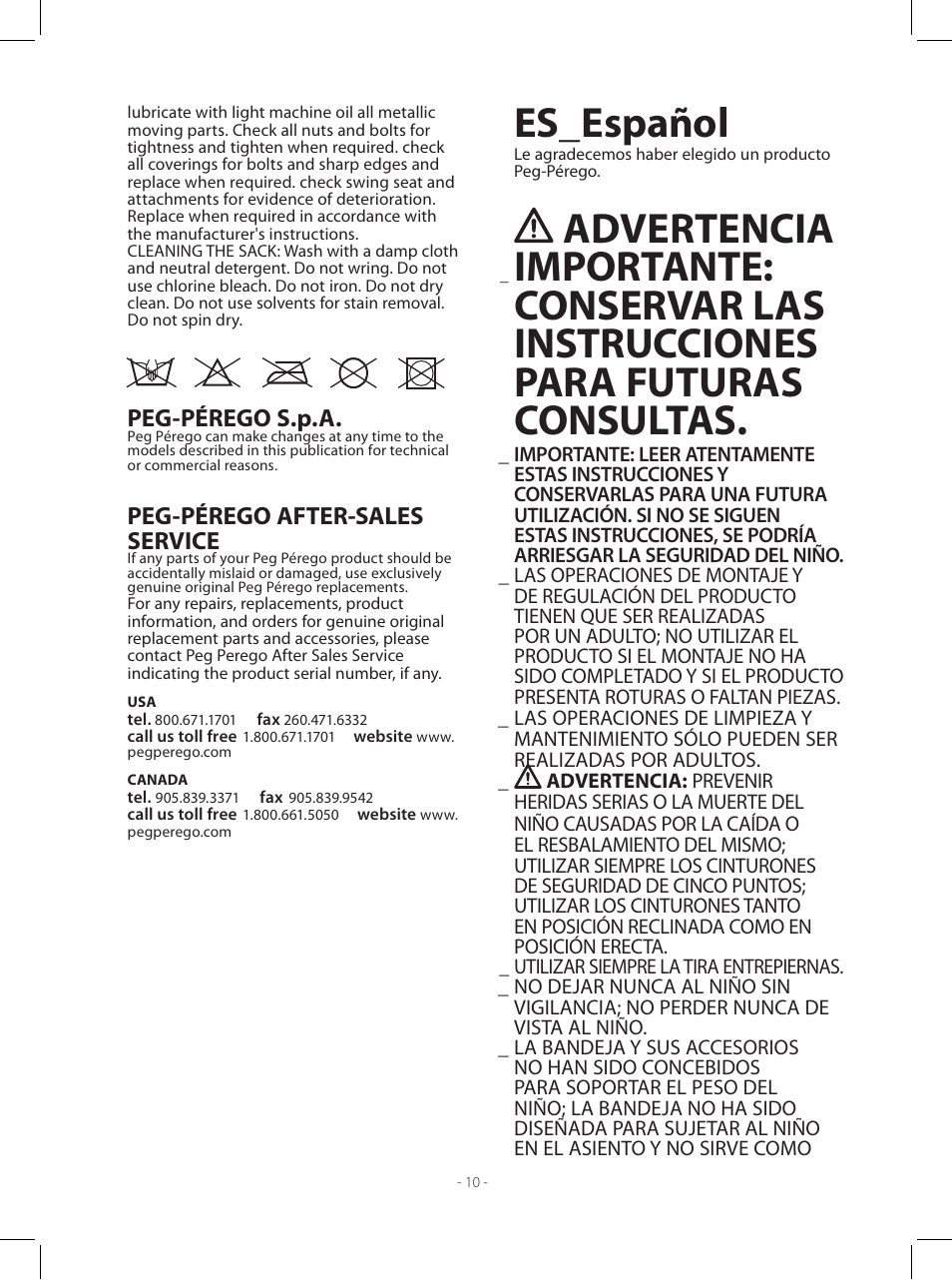 Es_español, Advertencia, Peg-pérego s.p.a | Peg-pérego after-sales service | Peg-Perego Siesta User Manual | Page 10 / 16