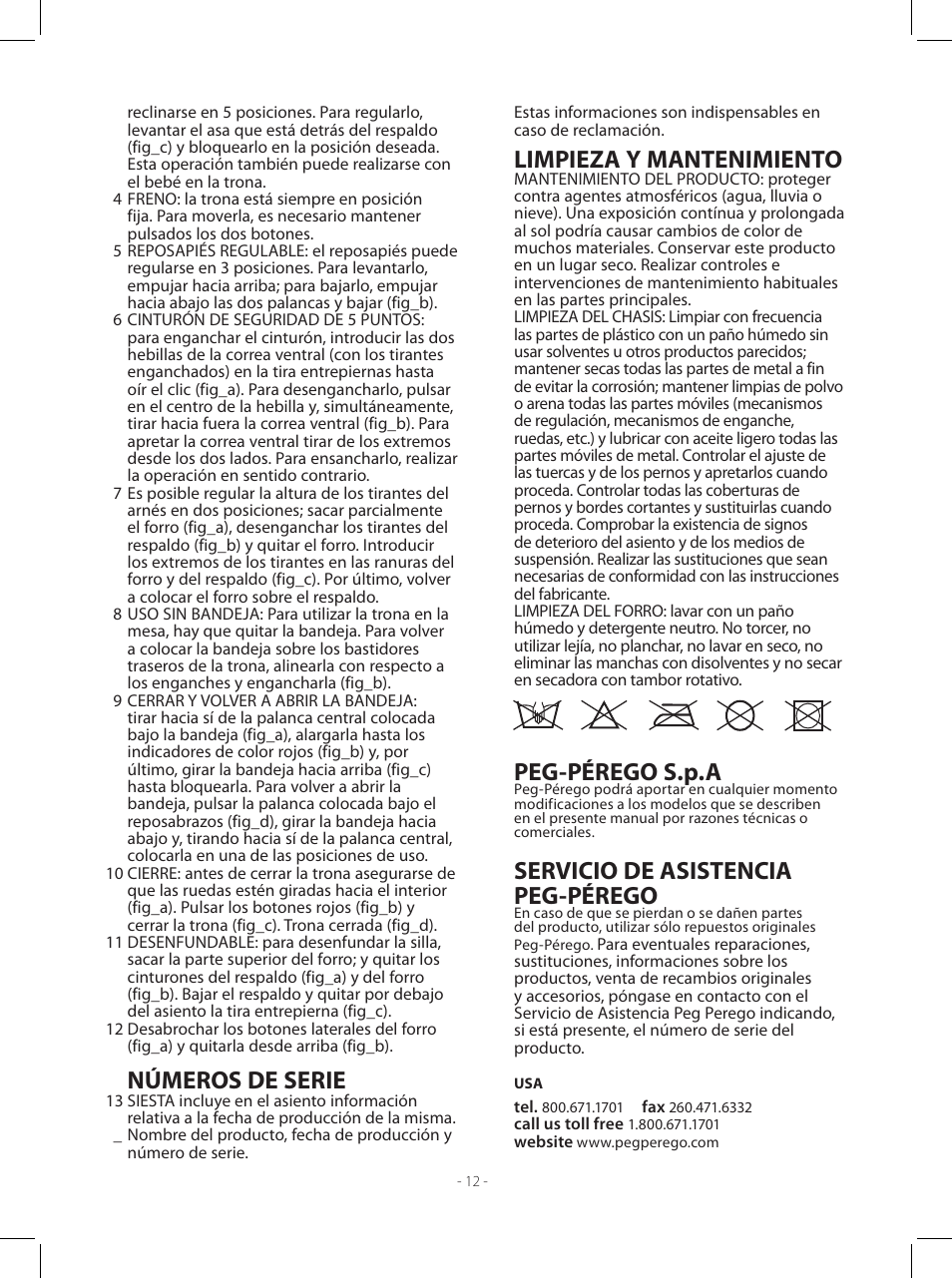 Números de serie, Limpieza y mantenimiento, Peg-pérego s.p.a | Servicio de asistencia peg-pérego | Peg-Perego Siesta User Manual | Page 12 / 16