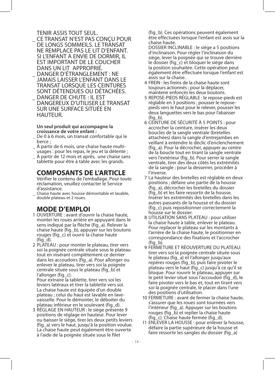 Composants de l’article, Mode d’emploi | Peg-Perego Siesta User Manual | Page 14 / 16