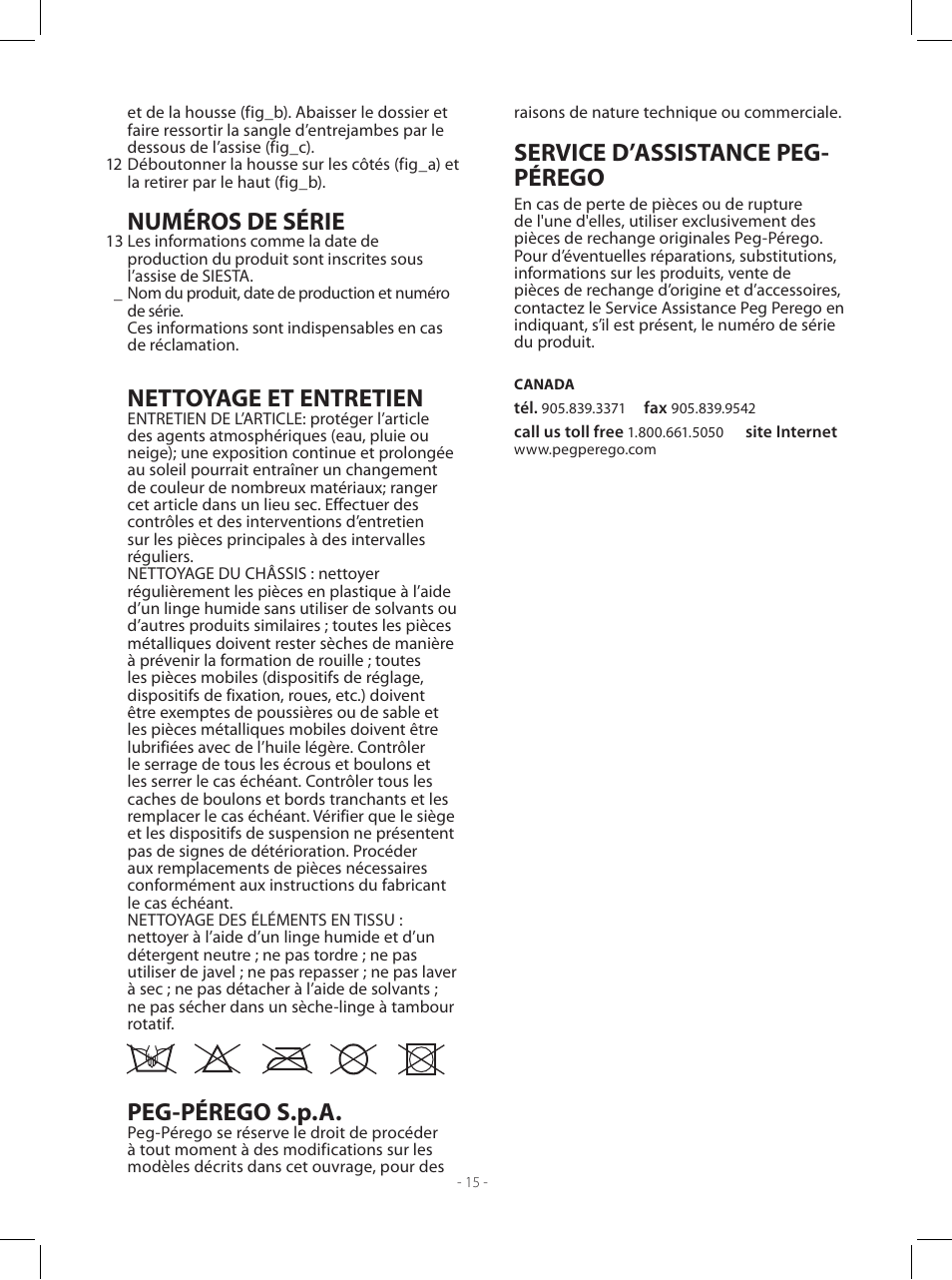 Numéros de série, Nettoyage et entretien, Peg-pérego s.p.a | Service d’assistance peg- pérego | Peg-Perego Siesta User Manual | Page 15 / 16