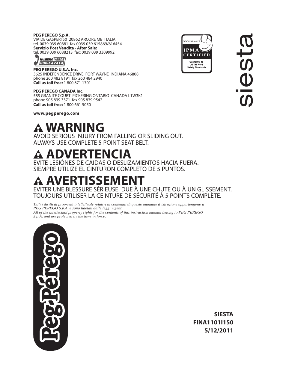 Sie s ta, Warning, Advertencia | Avertissement | Peg-Perego Siesta User Manual | Page 16 / 16