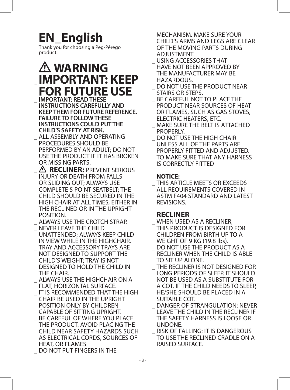 En_english, Important: keep for future use, Warning | Peg-Perego Siesta User Manual | Page 8 / 16