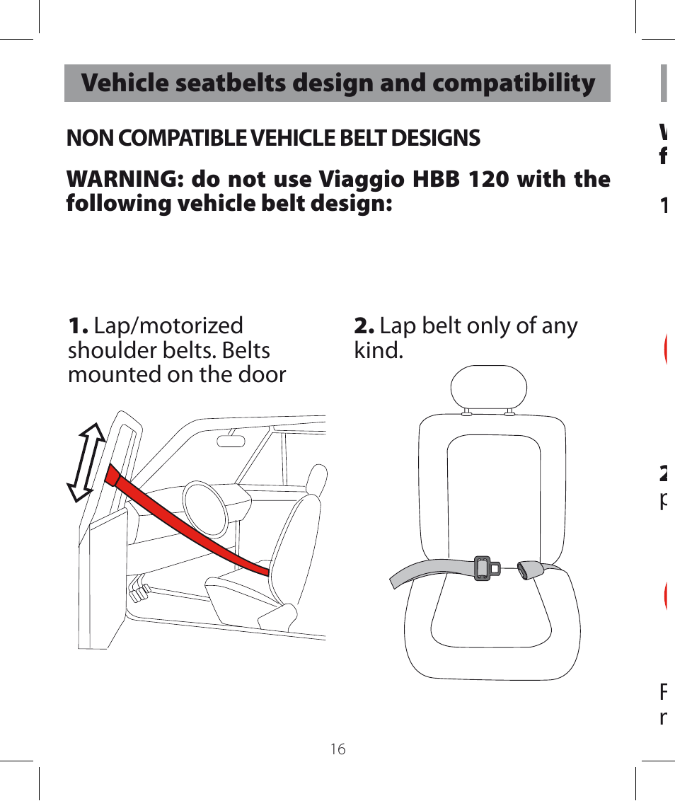 Vehicle seatbelts design and compatibility, Vehicle seat design and compatibility | Peg-Perego Viaggio HBB 120 User Manual | Page 16 / 80