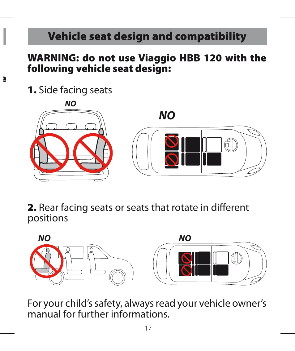Vehicle seatbelts design and compatibility, Vehicle seat design and compatibility | Peg-Perego Viaggio HBB 120 User Manual | Page 17 / 80