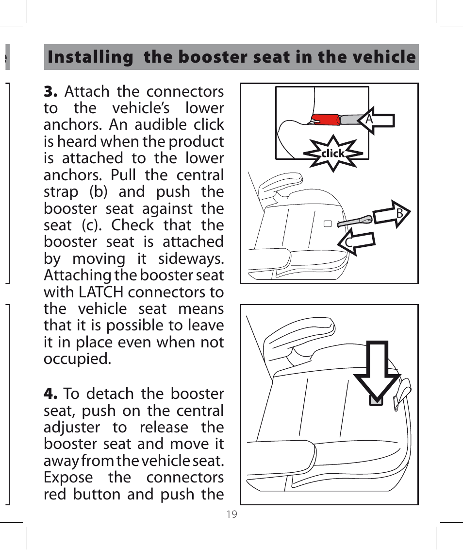 Installing the booster seat in the vehicle | Peg-Perego Viaggio HBB 120 User Manual | Page 19 / 80