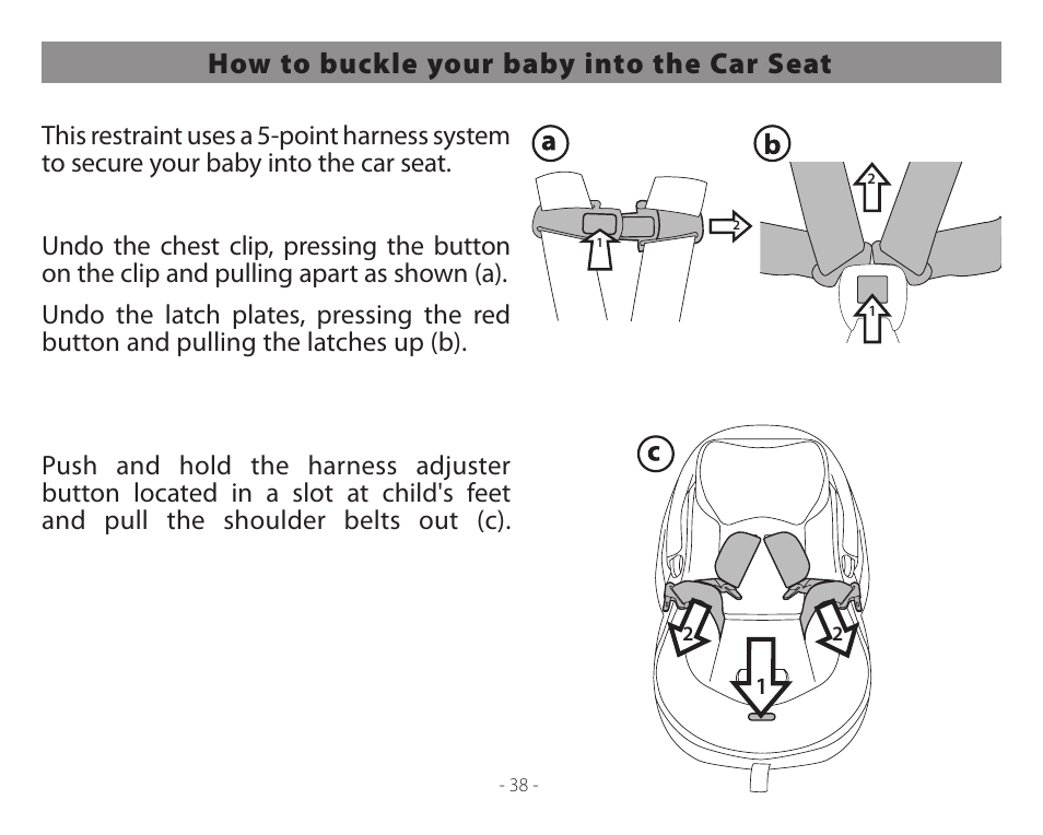 How to buckle your baby into the car seat | Peg-Perego Primo Viaggio 4-35 User Manual | Page 38 / 116