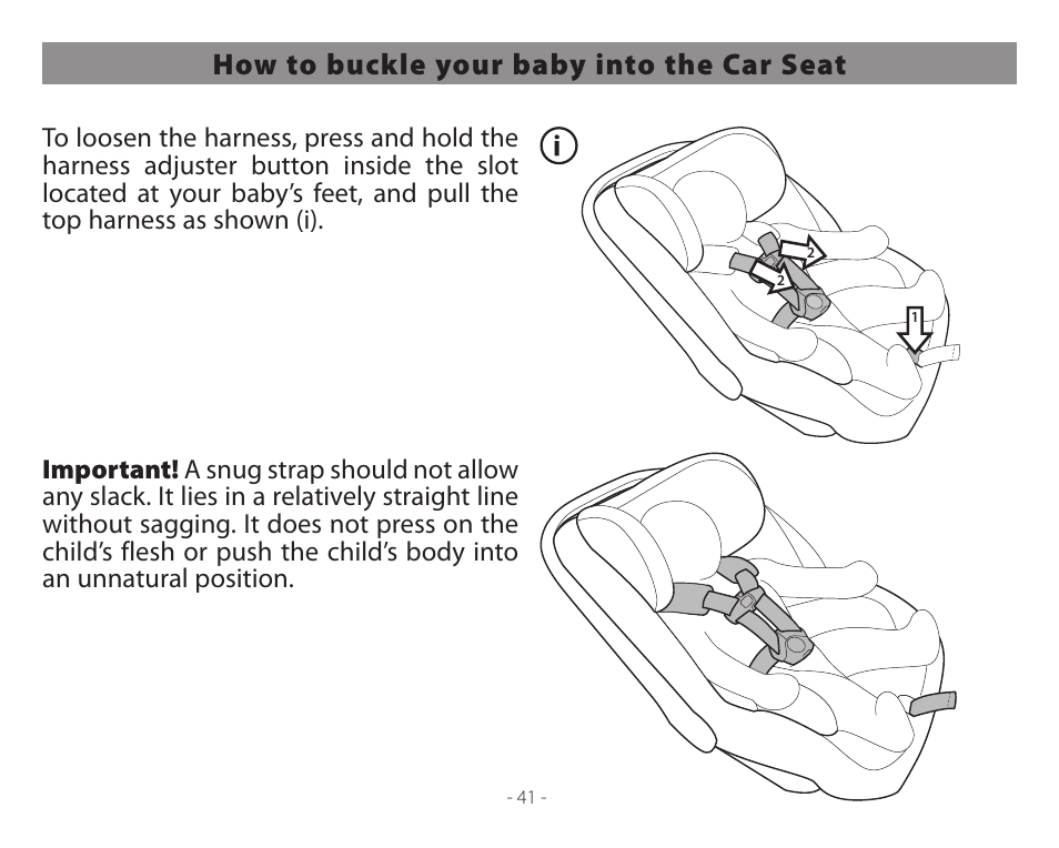 How to buckle your baby into the car seat | Peg-Perego Primo Viaggio 4-35 User Manual | Page 41 / 116