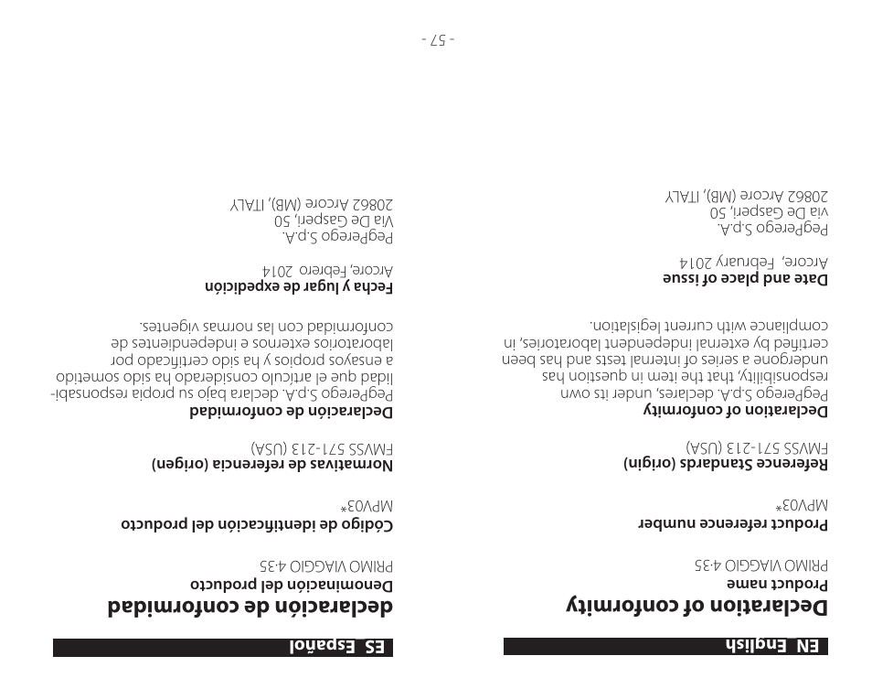 Declaration of c onformit y, Declaración de c onformidad | Peg-Perego Primo Viaggio 4-35 User Manual | Page 60 / 116