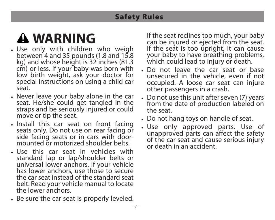 Warning | Peg-Perego Primo Viaggio 4-35 User Manual | Page 7 / 116