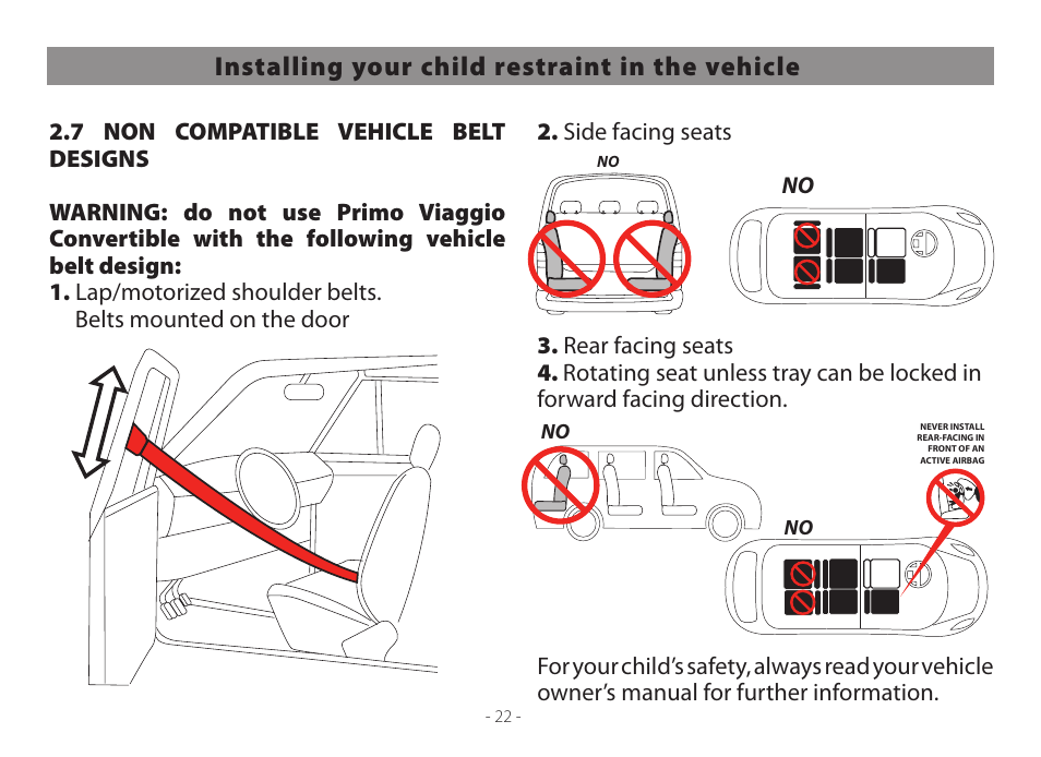 Installing your child restraint in the vehicle | Peg-Perego Primo Viaggio Convertible 2014 User Manual | Page 22 / 128