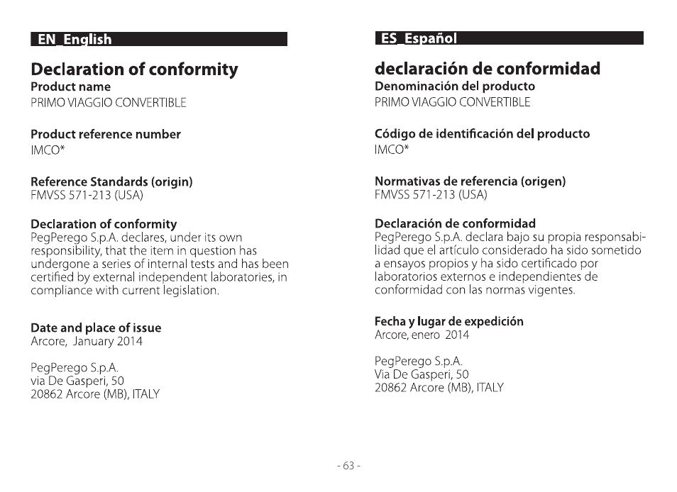 Peg-Perego Primo Viaggio Convertible 2014 User Manual | Page 63 / 128