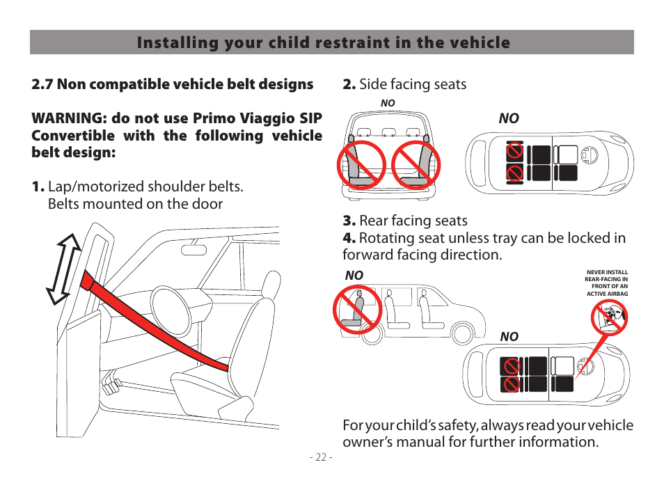 Installing your child restraint in the vehicle | Peg-Perego Primo Viaggio Convertible User Manual | Page 22 / 64