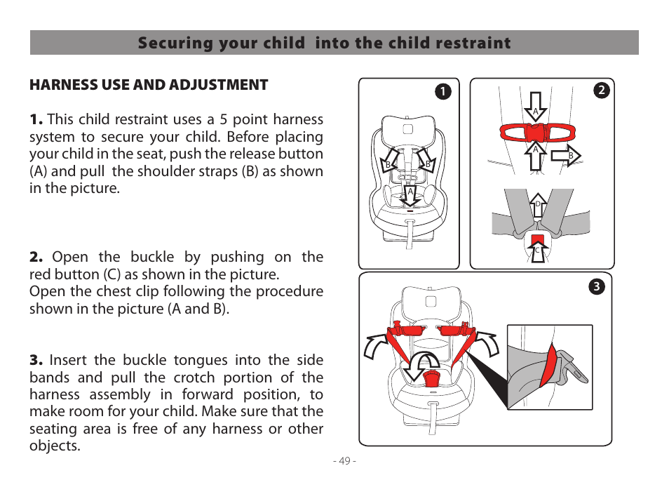 Securing your child into the child restraint | Peg-Perego Primo Viaggio Convertible User Manual | Page 49 / 64