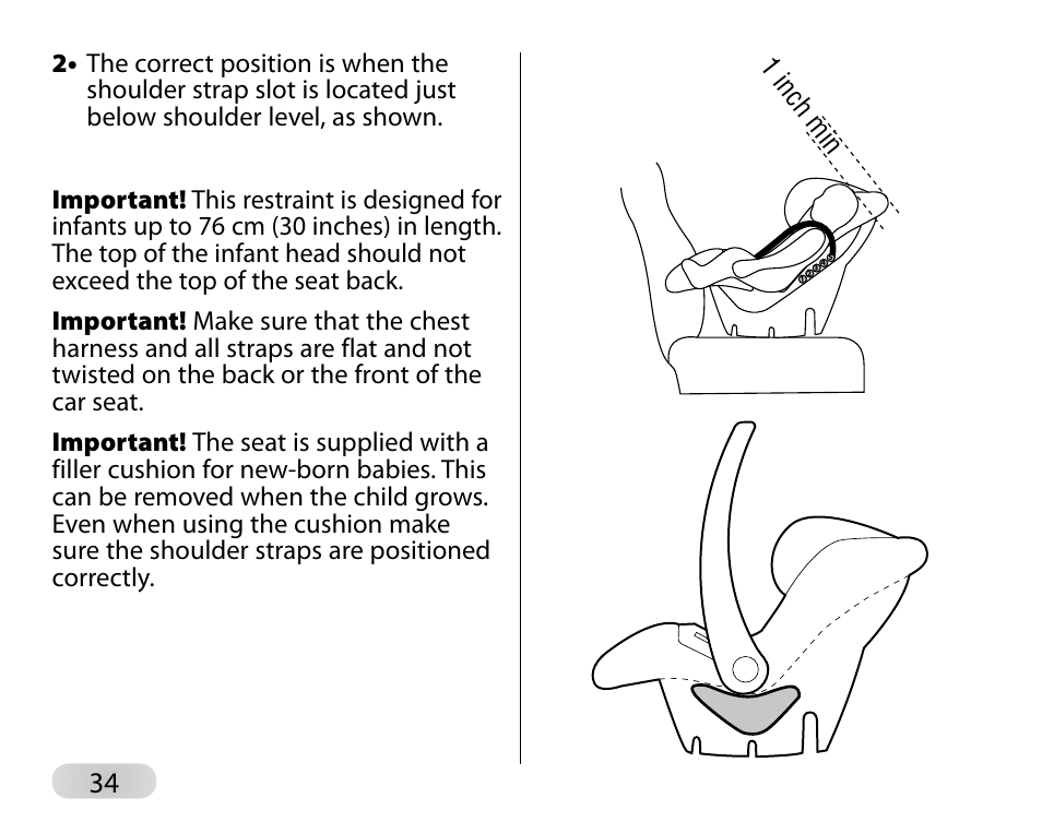 1 inch min | Peg-Perego Primo Viaggio SIP 30-30 User Manual | Page 34 / 96