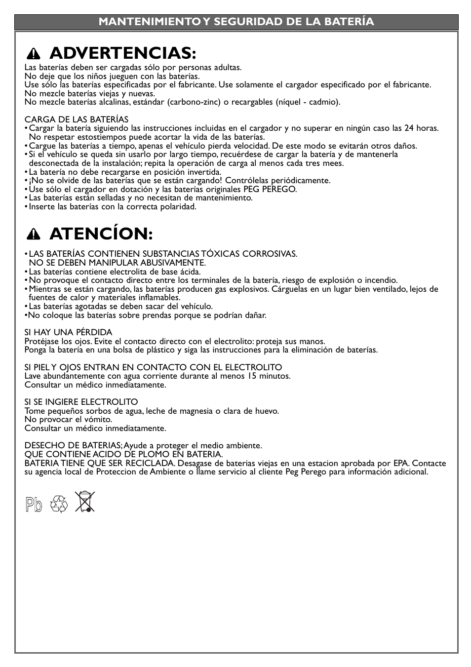 Advertencias, Atencíon | Peg-Perego Case IH Lil Tractor User Manual | Page 12 / 24