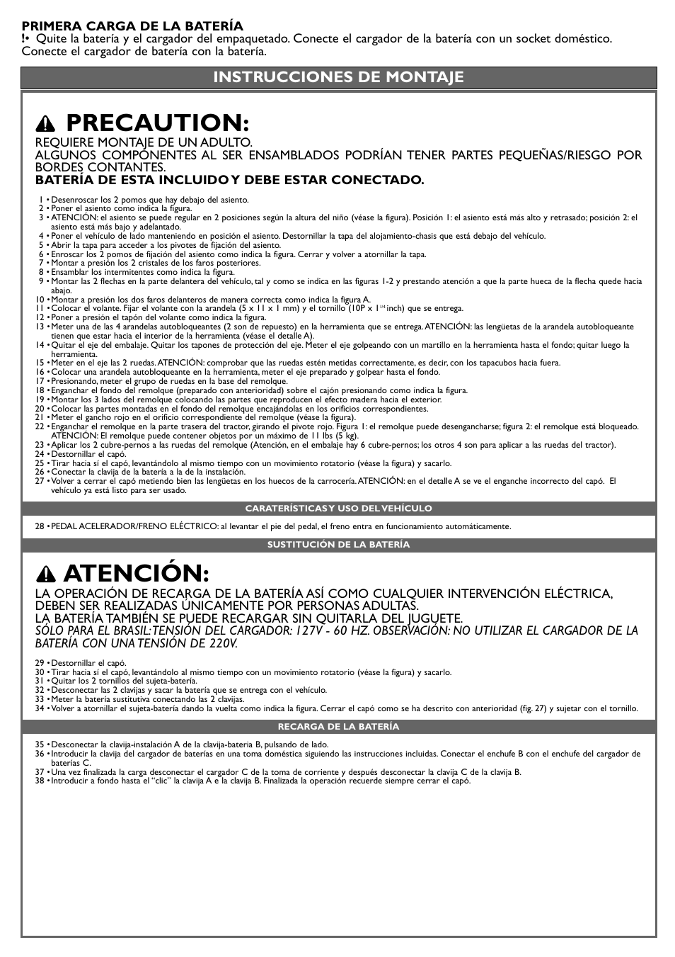 Precaution, Atención, Instrucciones de montaje | Peg-Perego Case IH Lil Tractor User Manual | Page 13 / 24