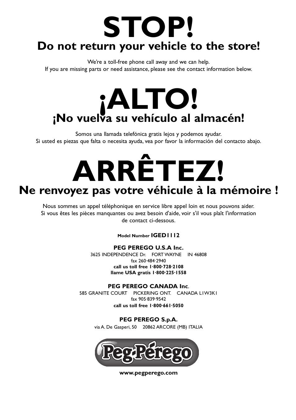 Stop, Alto, Arrêtez | Do not return your vehicle to the store, No vuelva su vehículo al almacén, Ne renvoyez pas votre véhicule à la mémoire | Peg-Perego Case IH Lil Tractor User Manual | Page 24 / 24