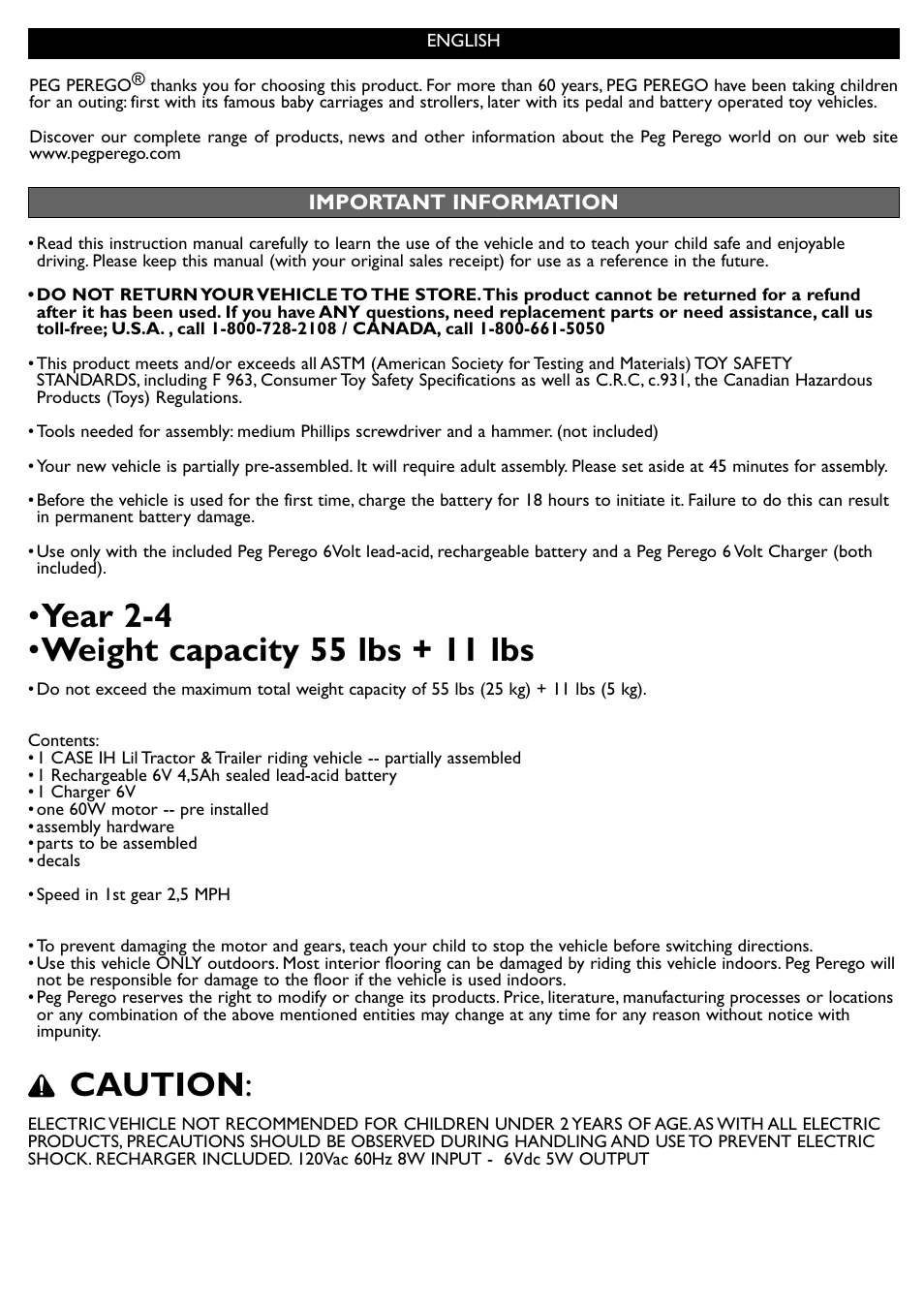 Caution | Peg-Perego Case IH Lil Tractor User Manual | Page 6 / 24