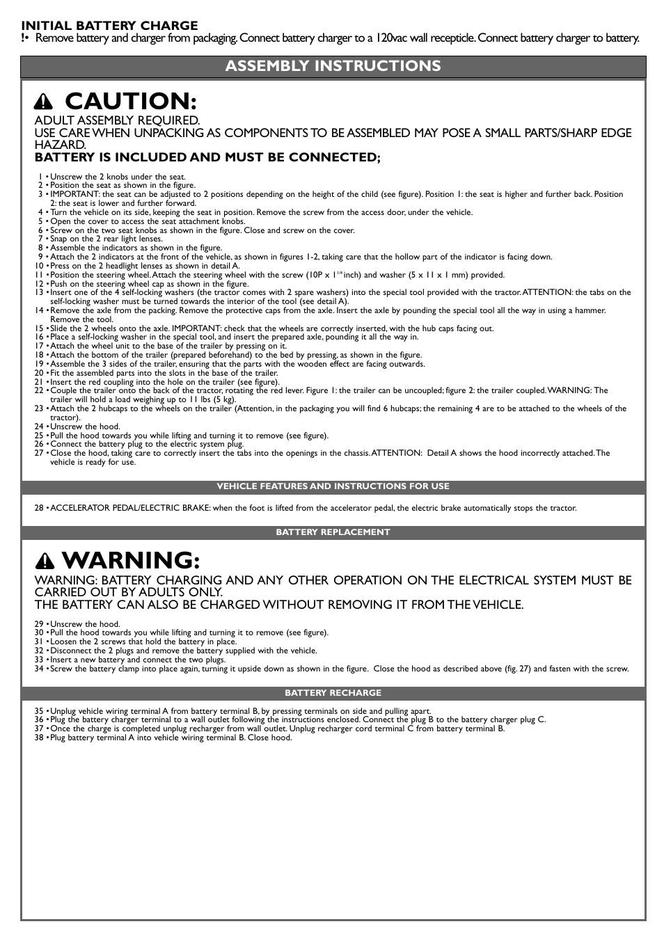 Caution, Warning, Assembly instructions | Peg-Perego Case IH Lil Tractor User Manual | Page 8 / 24