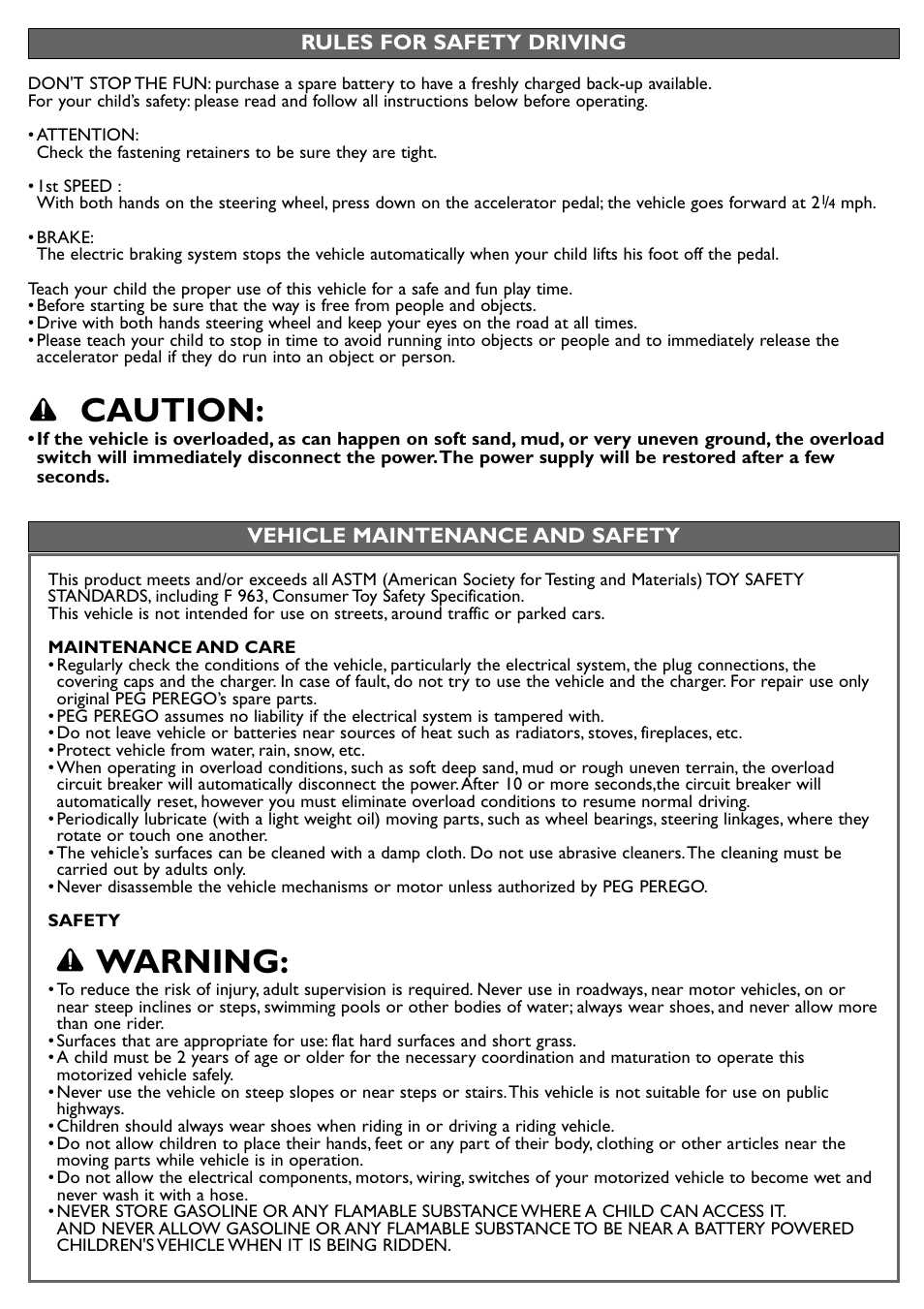 Caution, Warning | Peg-Perego Case IH Lil Tractor User Manual | Page 9 / 24