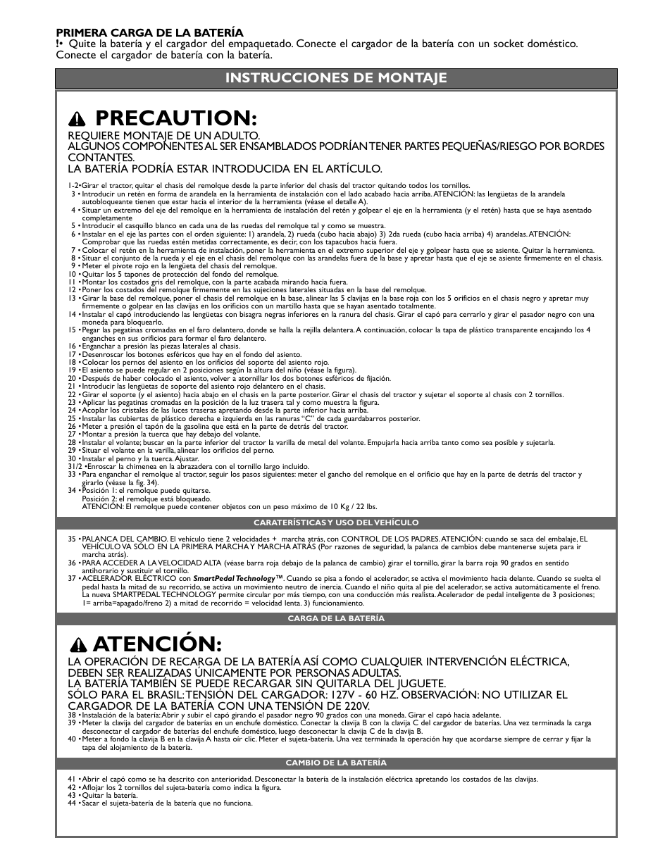 Precaution, Atención, Instrucciones de montaje | Peg-Perego Case IH Magnum Tractor User Manual | Page 15 / 24