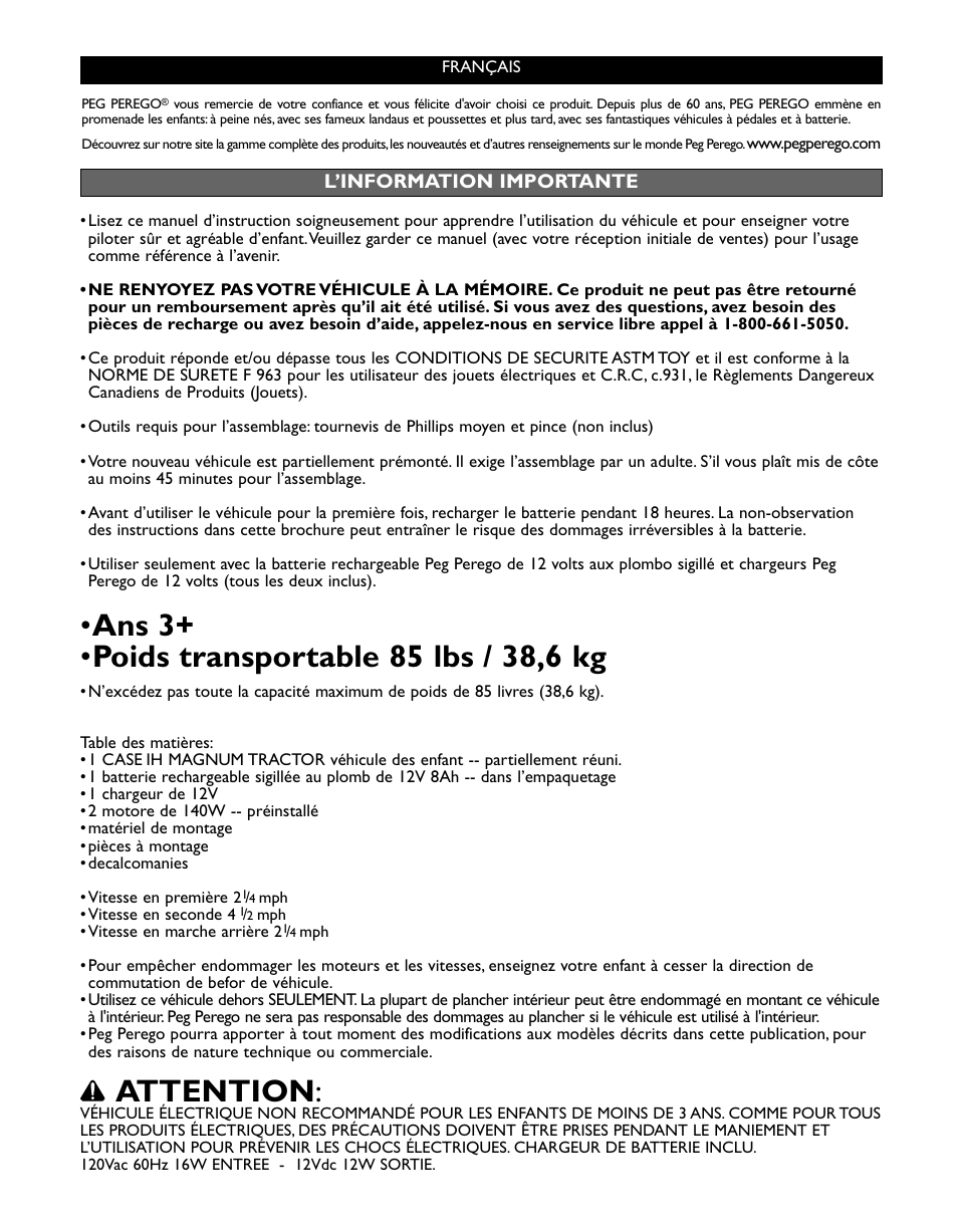 Attention | Peg-Perego Case IH Magnum Tractor User Manual | Page 18 / 24