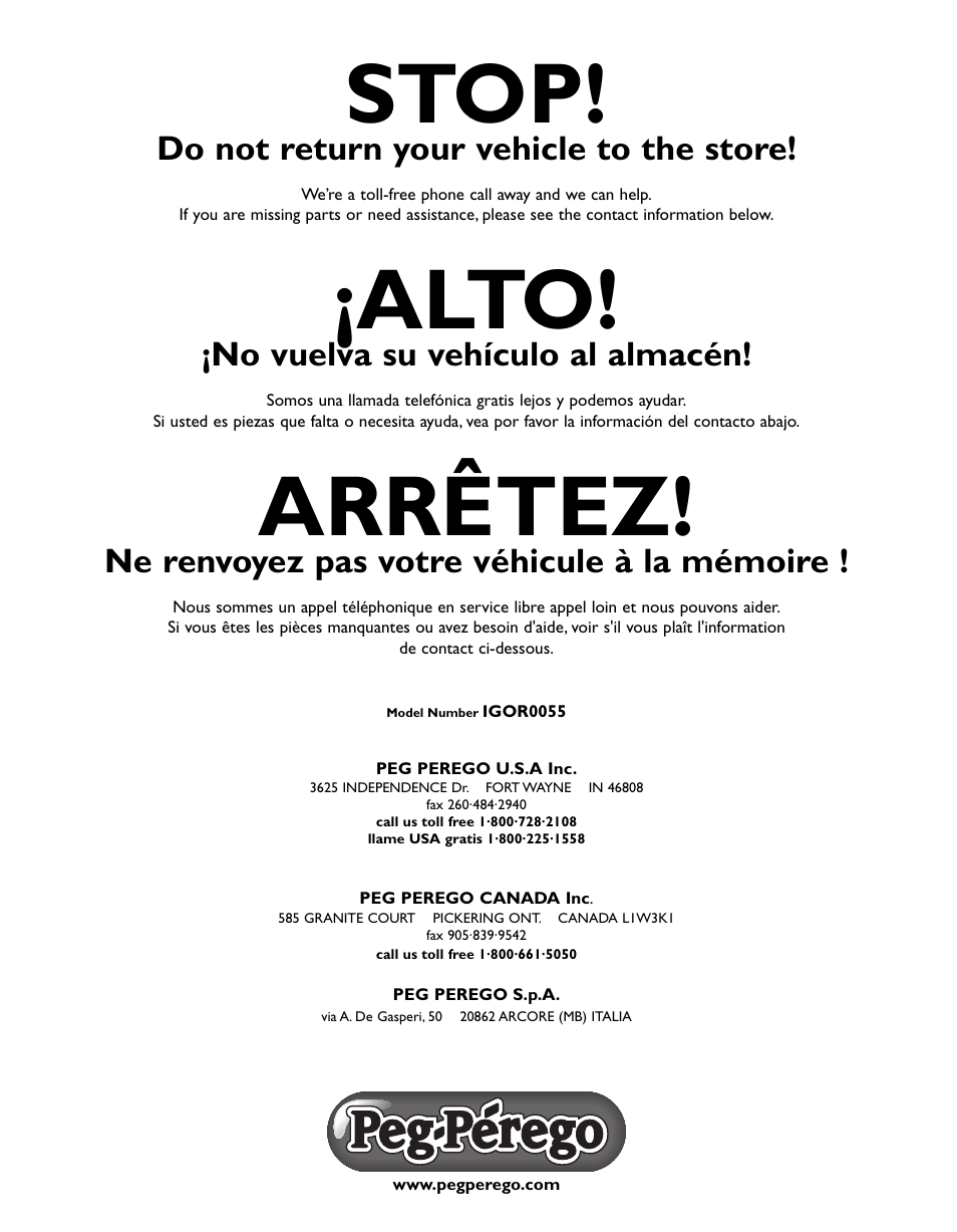 Stop, Alto, Arrêtez | Do not return your vehicle to the store, No vuelva su vehículo al almacén, Ne renvoyez pas votre véhicule à la mémoire | Peg-Perego Case IH Magnum Tractor User Manual | Page 24 / 24