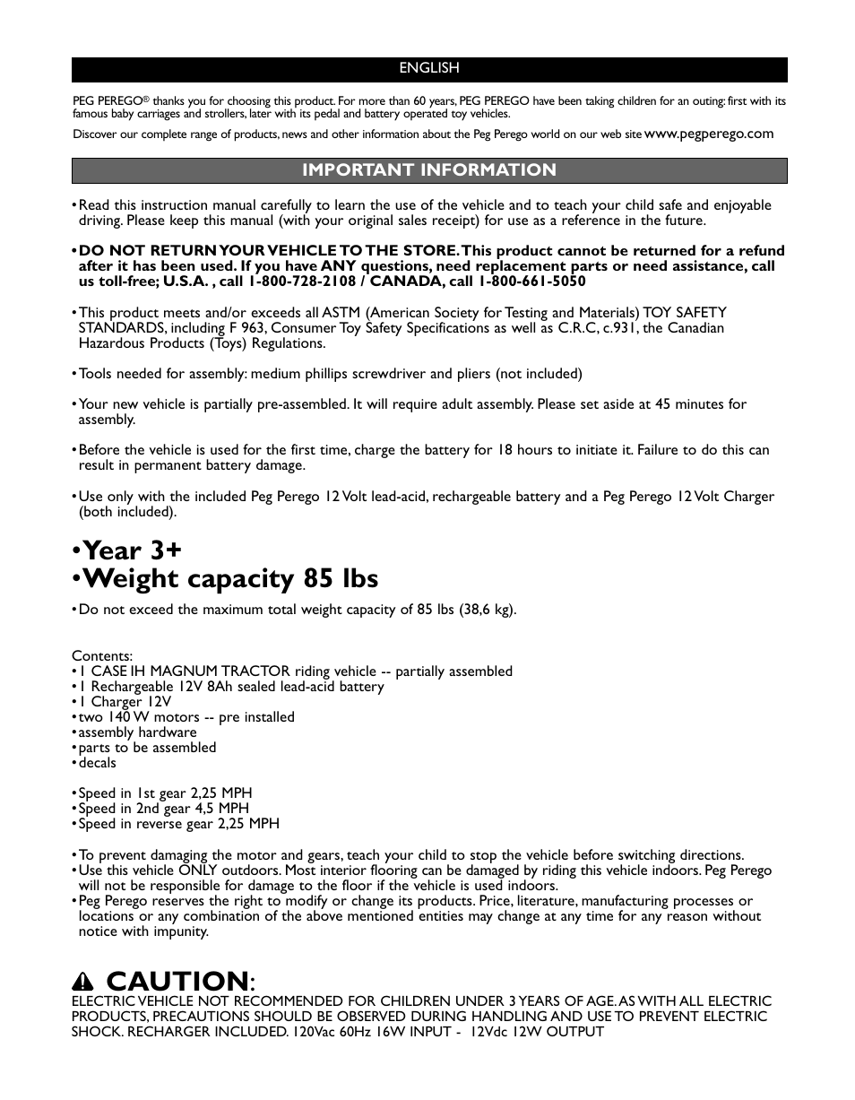 Year 3+ • weight capacity 85 lbs, Caution | Peg-Perego Case IH Magnum Tractor User Manual | Page 8 / 24