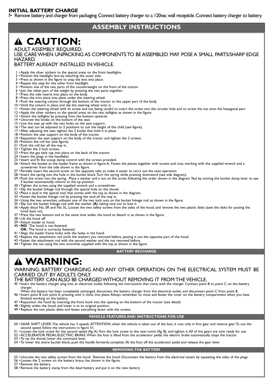 Caution, Warning, Assembly instructions | Peg-Perego Case IH Power Scoop User Manual | Page 10 / 24