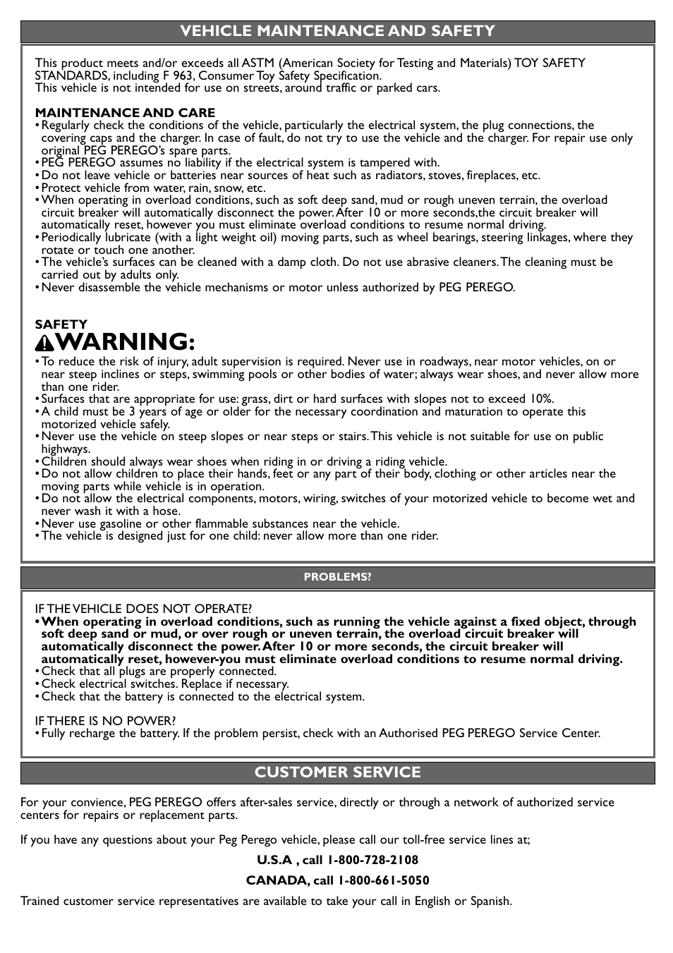 Warning | Peg-Perego Case IH Power Scoop User Manual | Page 12 / 24